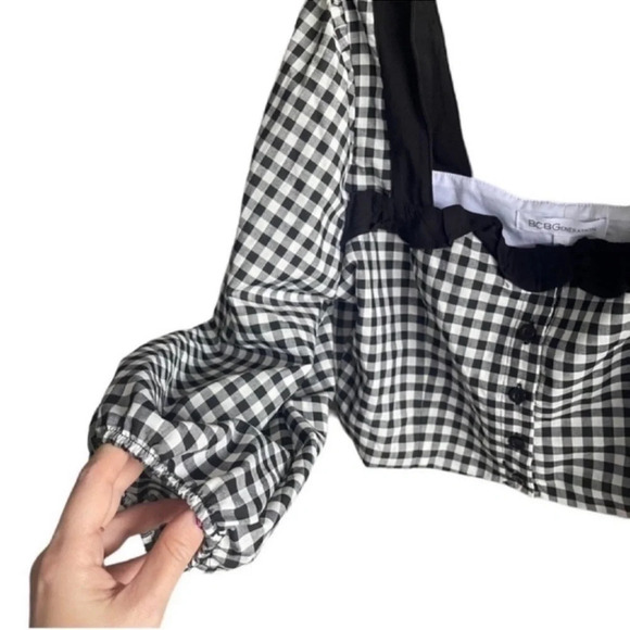 BCBGeneration Crop Top Ruffled Gingham Black White Blouse Top Shirt Sz S NWT $78 - Picture 5 of 13